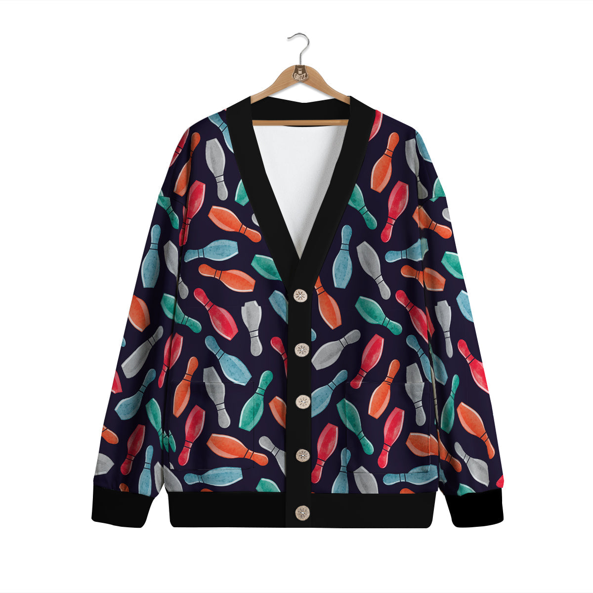 Bowling Pins Watercolor Print Pattern Cardigan-grizzshop