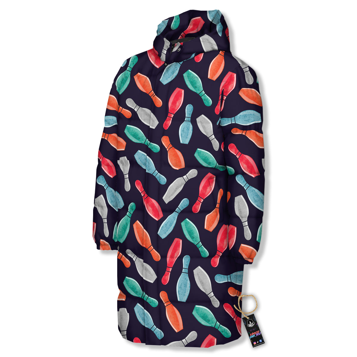 Bowling Pins Watercolor Print Pattern Long Down Jacket-grizzshop