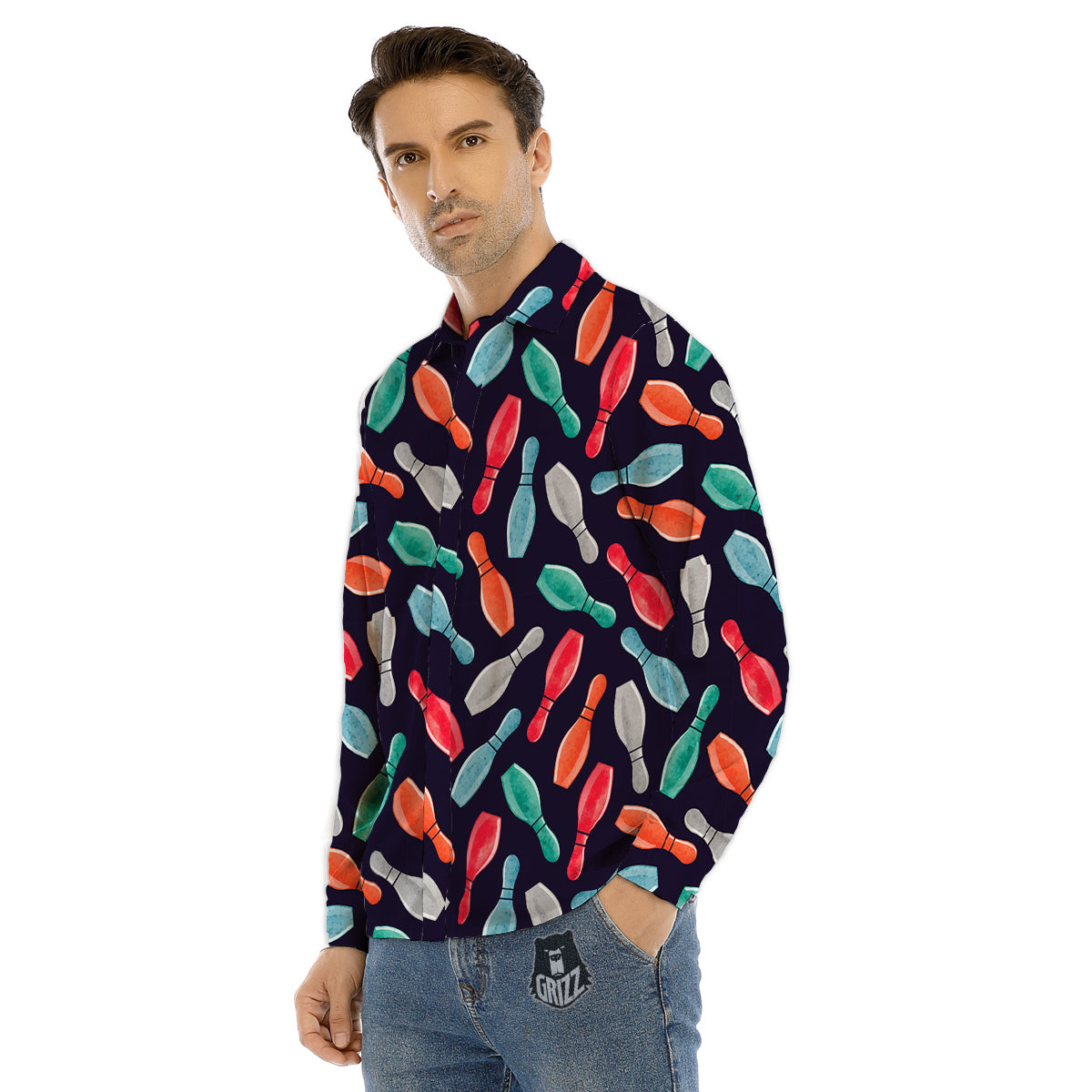 Bowling Pins Watercolor Print Pattern Men's Dress Shirts-grizzshop