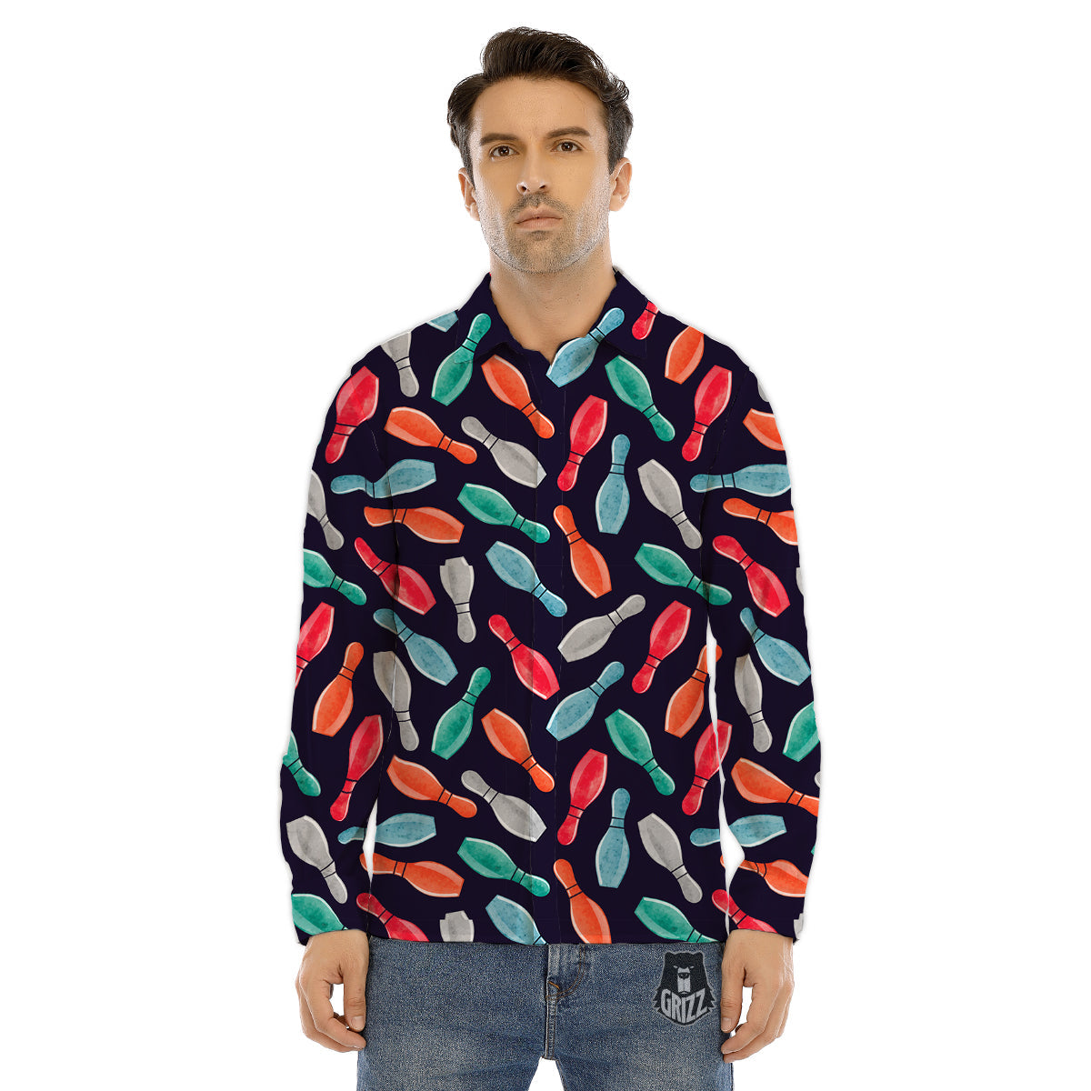 Bowling Pins Watercolor Print Pattern Men's Dress Shirts-grizzshop