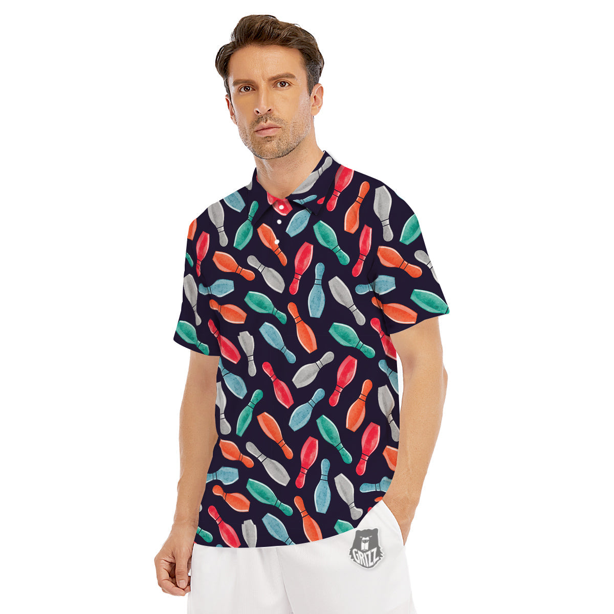 Bowling Pins Watercolor Print Pattern Men's Golf Shirts-grizzshop