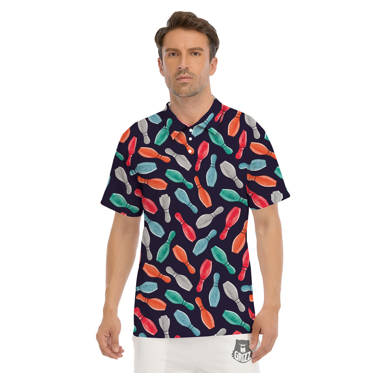 Bowling Pins Watercolor Print Pattern Men's Golf Shirts-grizzshop