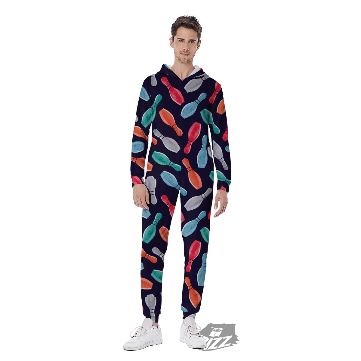Bowling Pins Watercolor Print Pattern Men's Jumpsuit-grizzshop