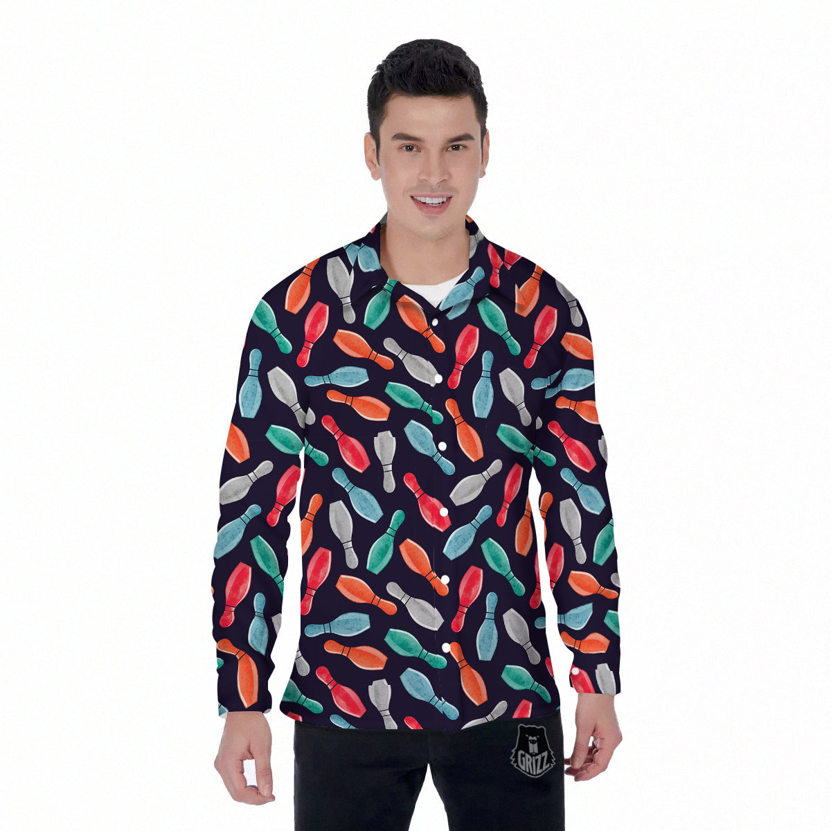 Bowling Pins Watercolor Print Pattern Men's Long Sleeve Shirts-grizzshop