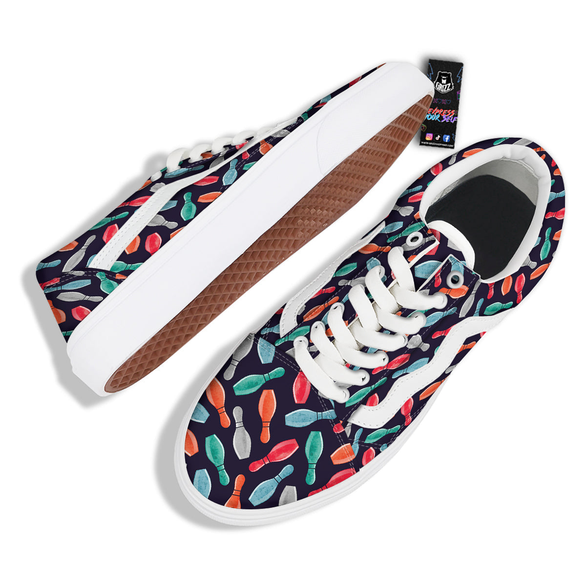 Bowling Pins Watercolor Print Pattern Skate Shoes-grizzshop