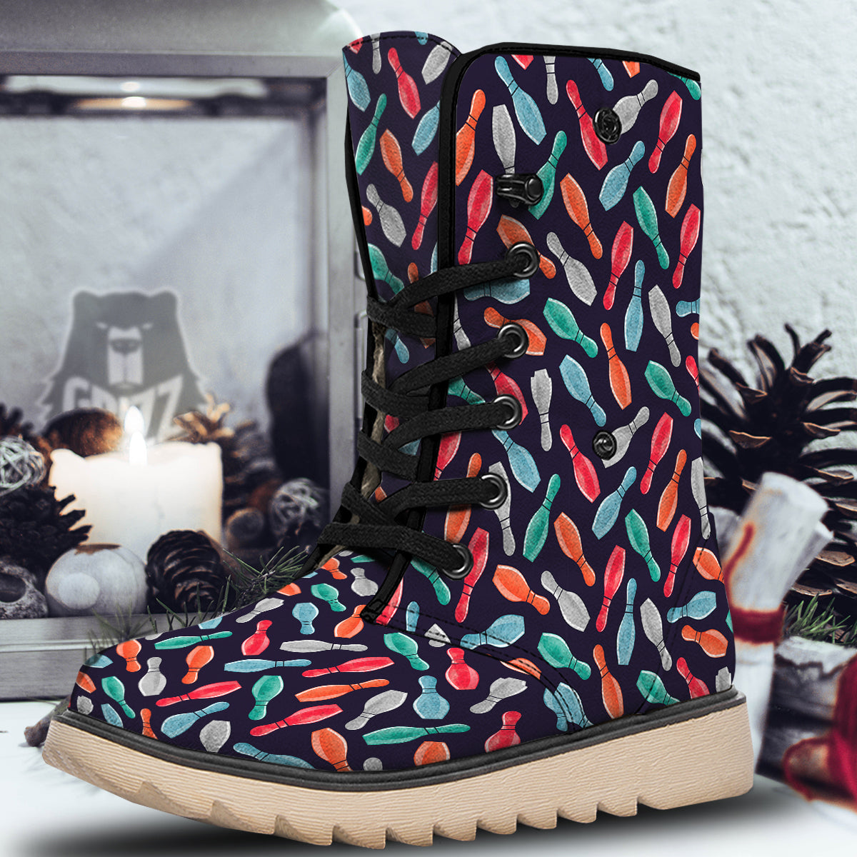 Bowling Pins Watercolor Print Pattern Snow Boots-grizzshop