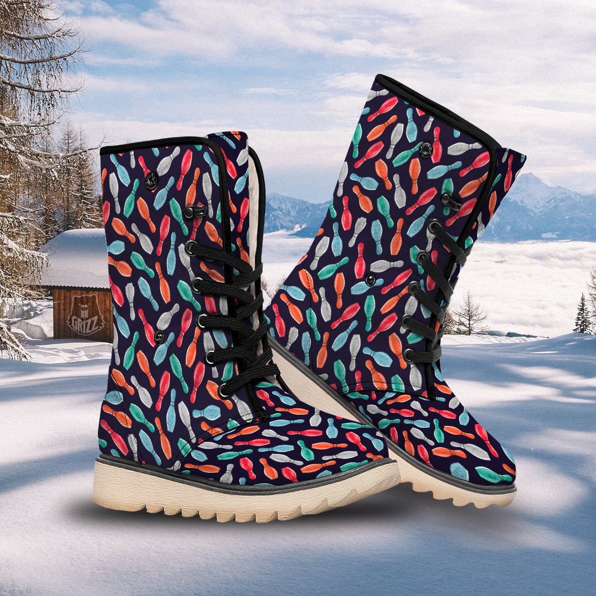 Bowling Pins Watercolor Print Pattern Snow Boots-grizzshop