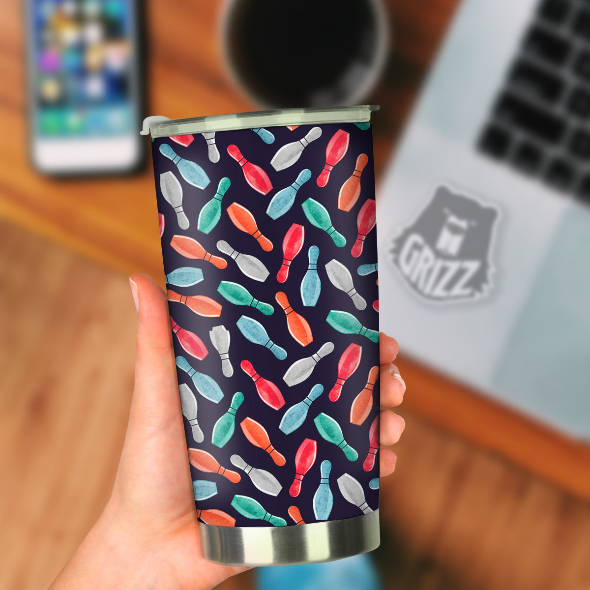 Bowling Pins Watercolor Print Pattern Tumbler-grizzshop