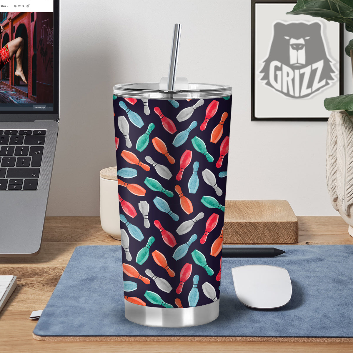 Bowling Pins Watercolor Print Pattern Tumbler-grizzshop