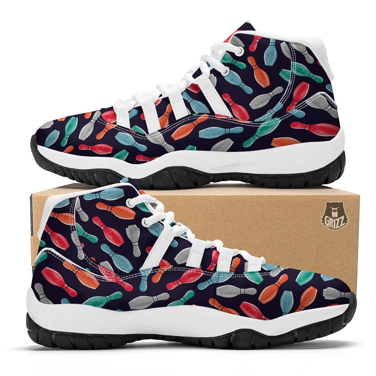 Bowling Pins Watercolor Print Pattern White Bball Shoes-grizzshop