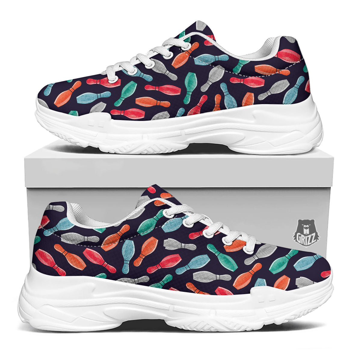 Bowling Pins Watercolor Print Pattern White Chunky Shoes-grizzshop