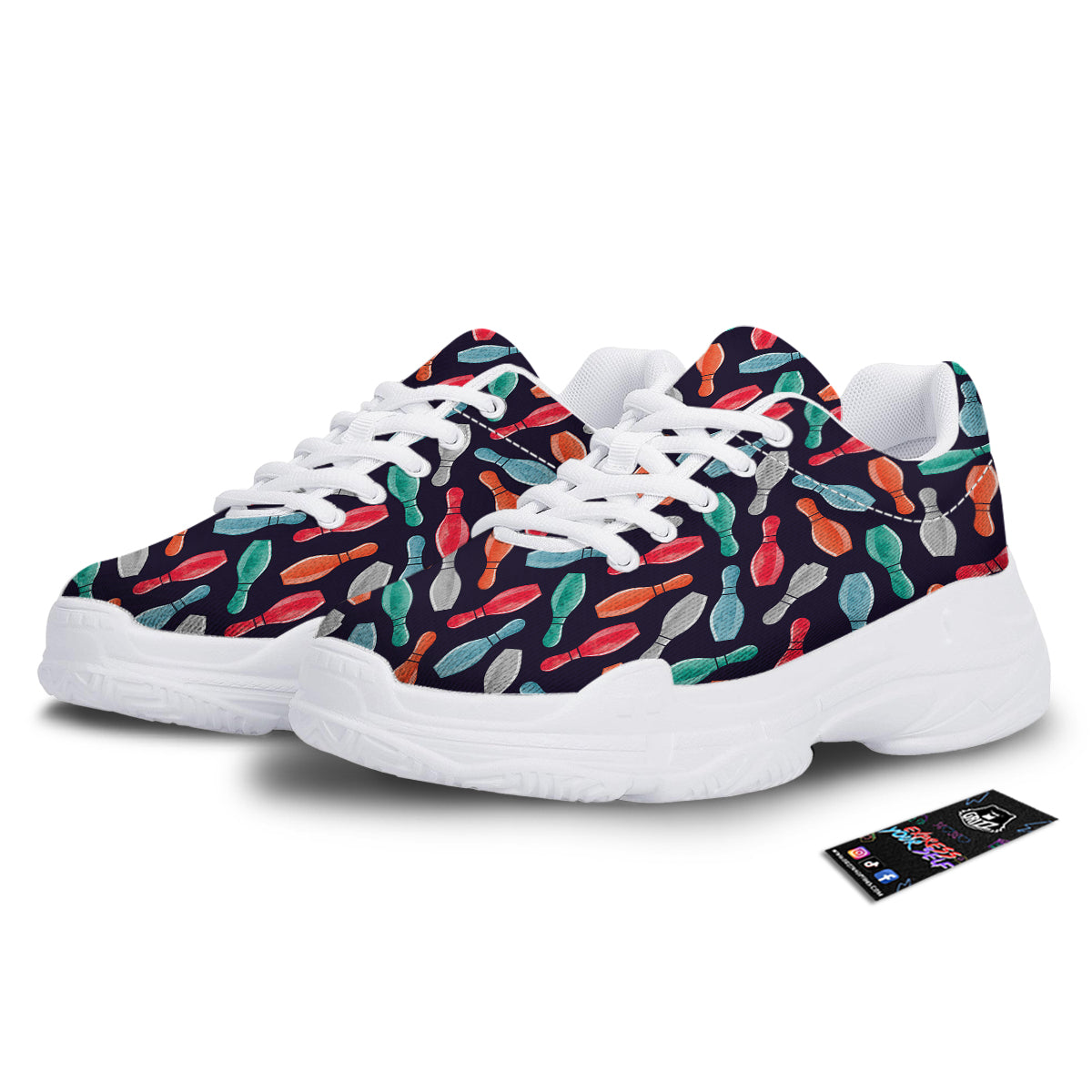 Bowling Pins Watercolor Print Pattern White Chunky Shoes-grizzshop