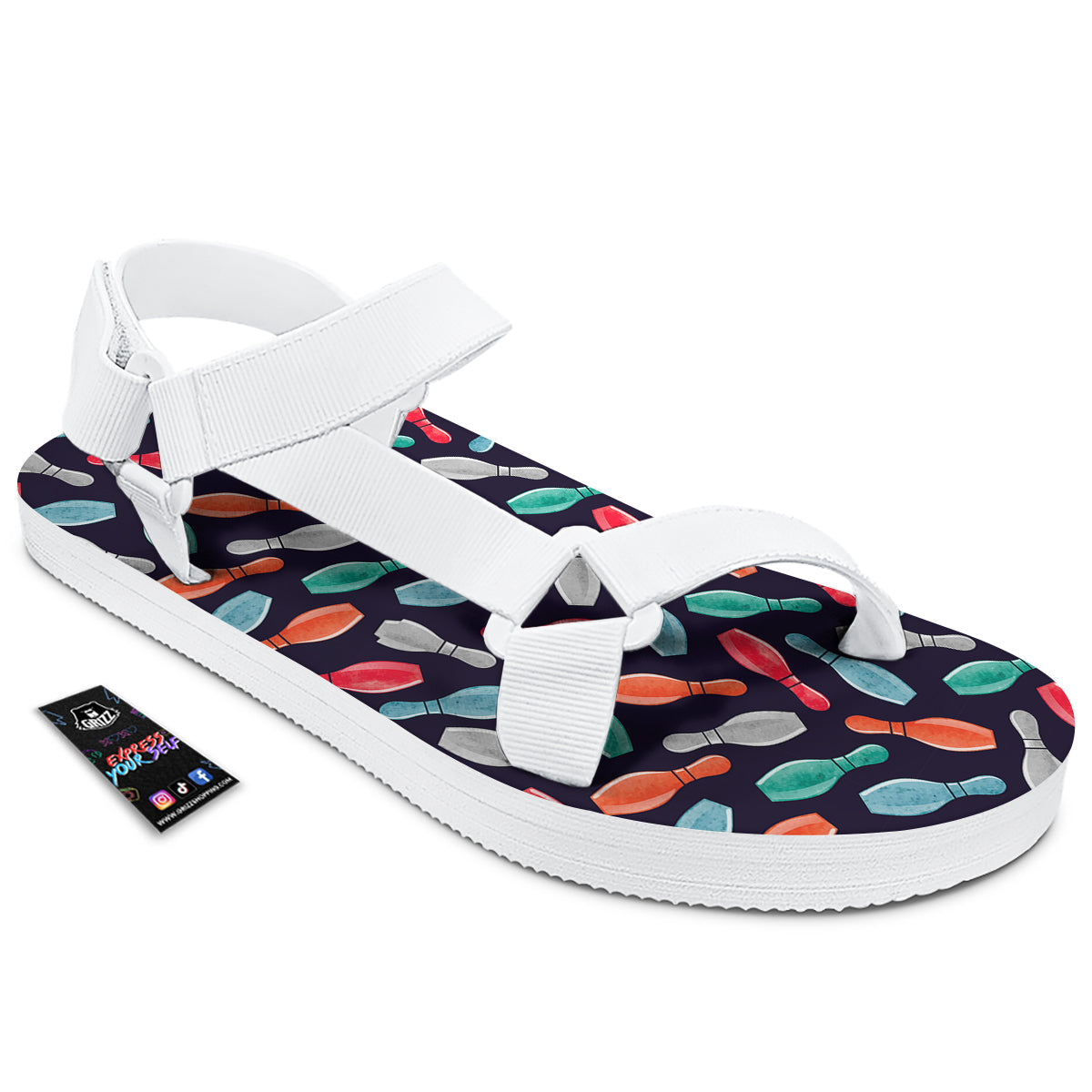 Bowling Pins Watercolor Print Pattern White Open Toe Sandals-grizzshop