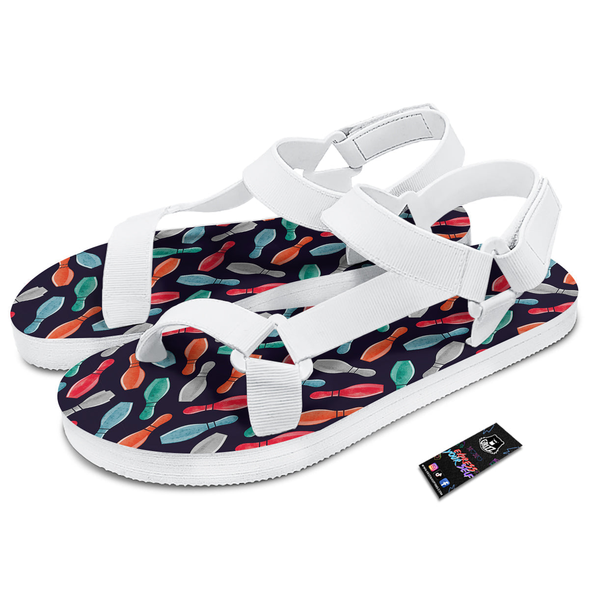 Bowling Pins Watercolor Print Pattern White Open Toe Sandals-grizzshop