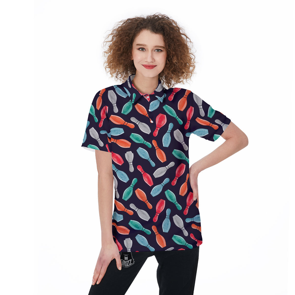 Bowling Pins Watercolor Print Pattern Women's Golf Shirts-grizzshop