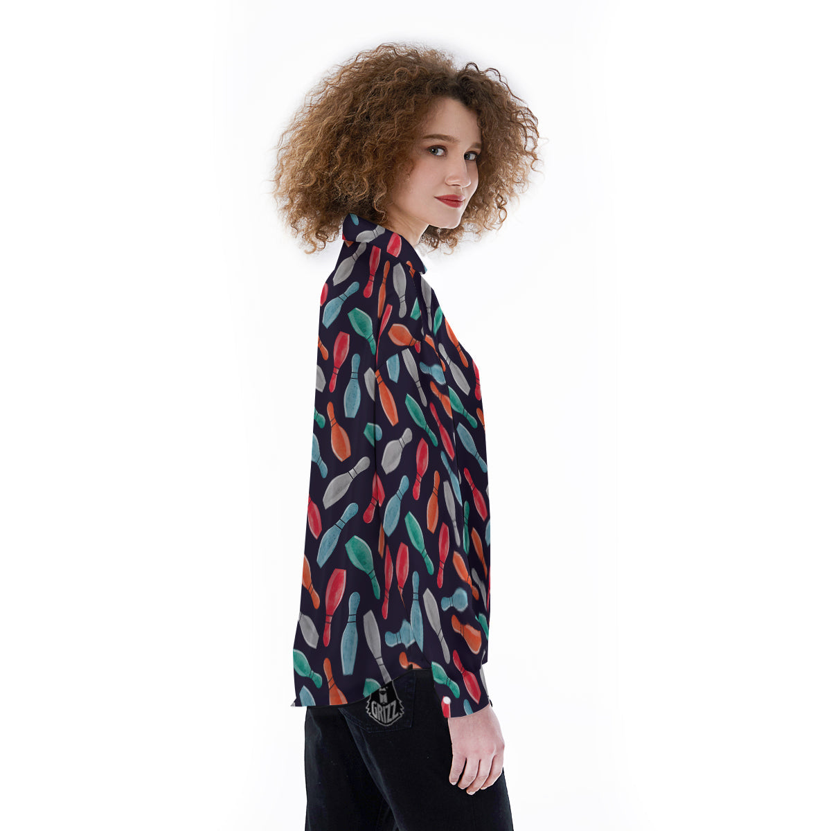 Bowling Pins Watercolor Print Pattern Women's Long Sleeve Shirts-grizzshop