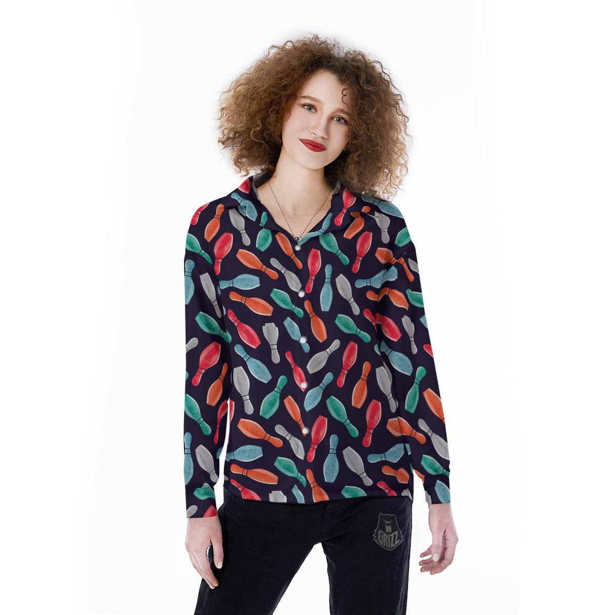 Bowling Pins Watercolor Print Pattern Women's Long Sleeve Shirts-grizzshop