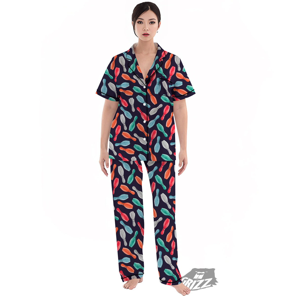 Bowling Pins Watercolor Print Pattern Women's Pajamas Set-grizzshop
