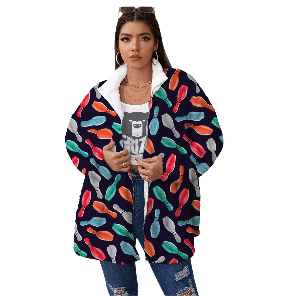 Bowling Pins Watercolor Print Pattern Women's Sherpa Jacket-grizzshop