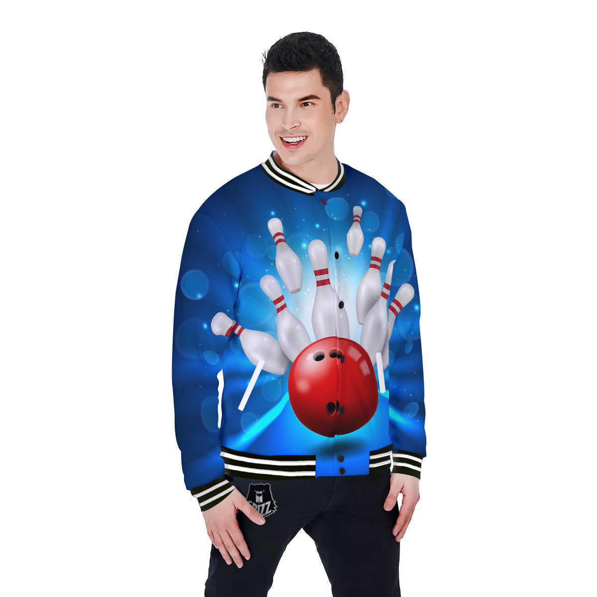 Bowling Strike Print Baseball Jacket-grizzshop