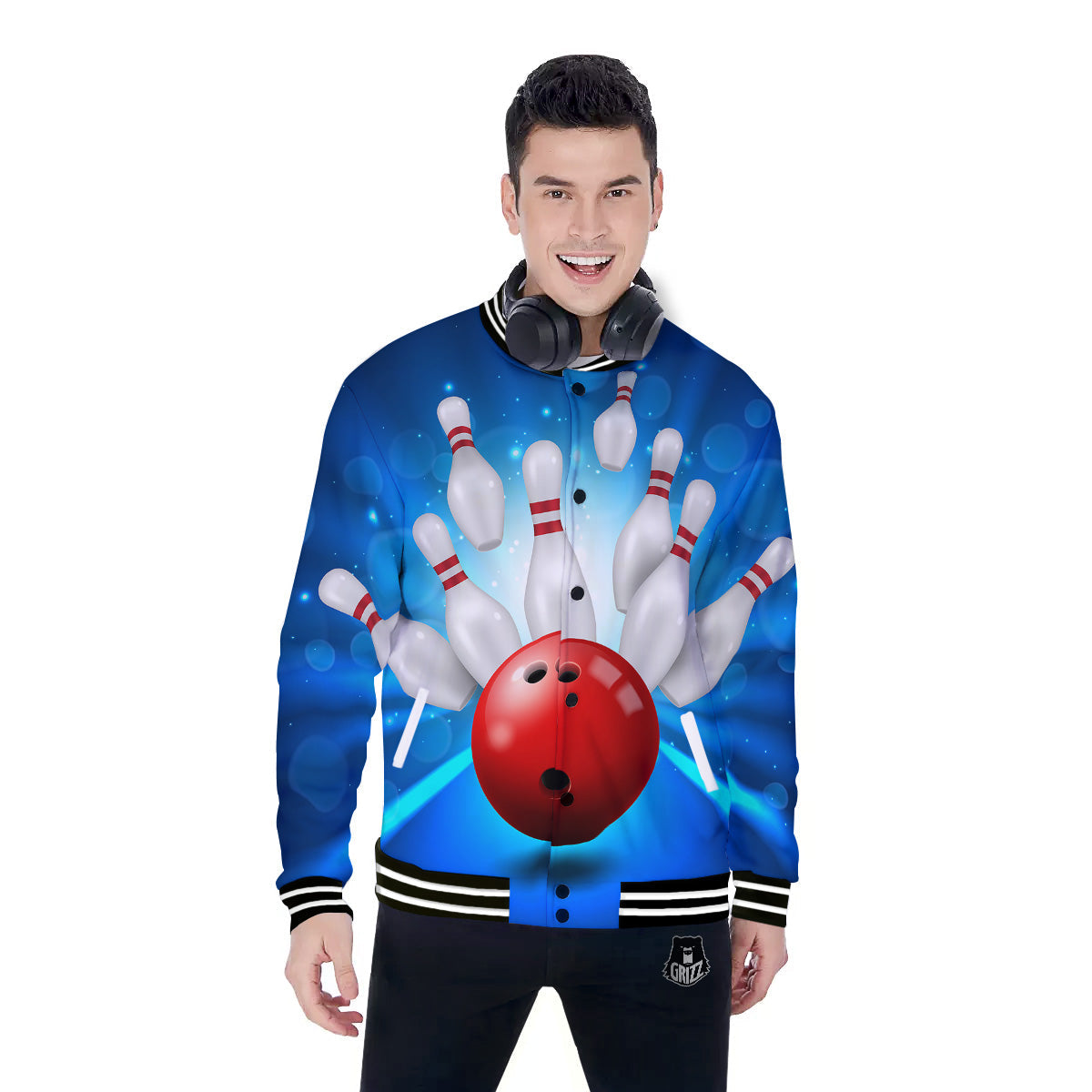 Bowling Strike Print Baseball Jacket-grizzshop