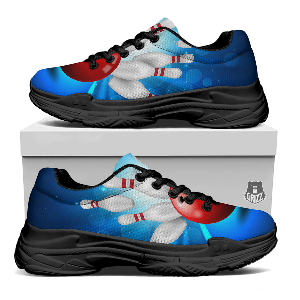 Bowling Strike Print Black Chunky Shoes-grizzshop