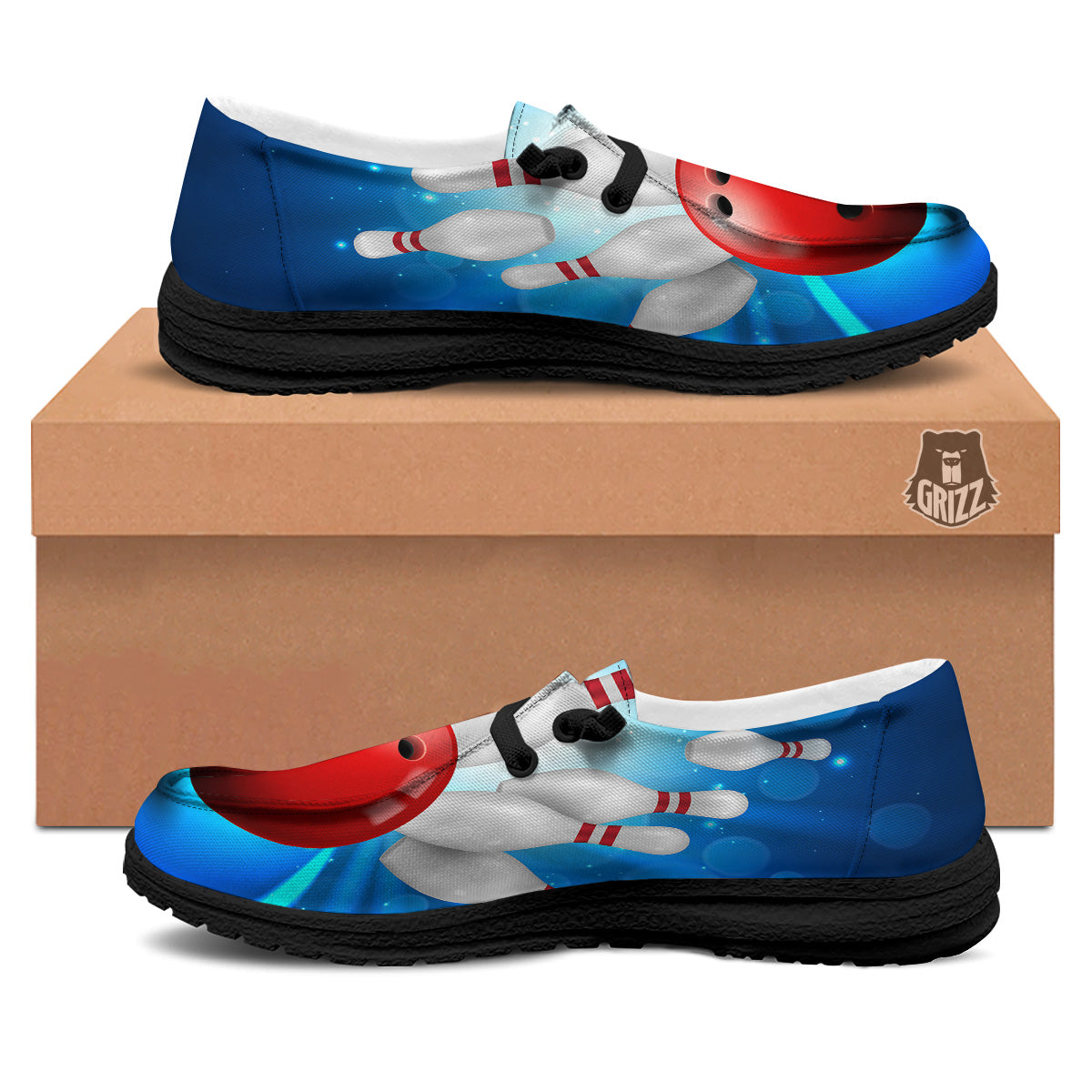 Bowling Strike Print Black Loafers-grizzshop