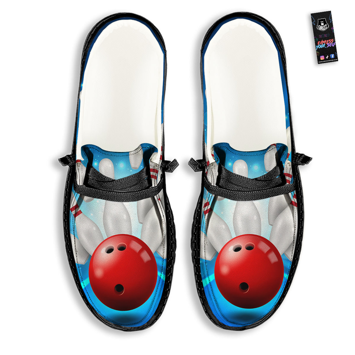 Bowling Strike Print Black Loafers-grizzshop