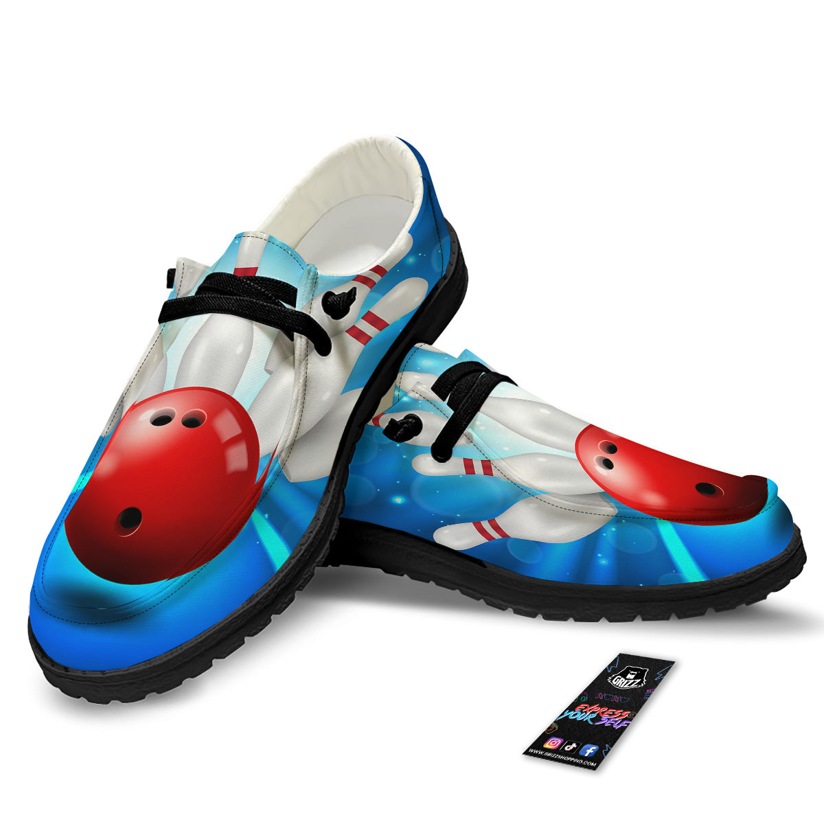 Bowling Strike Print Black Loafers-grizzshop