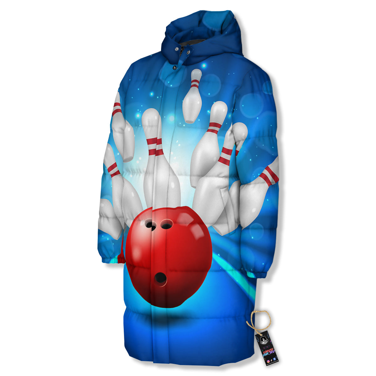 Bowling Strike Print Long Down Jacket-grizzshop