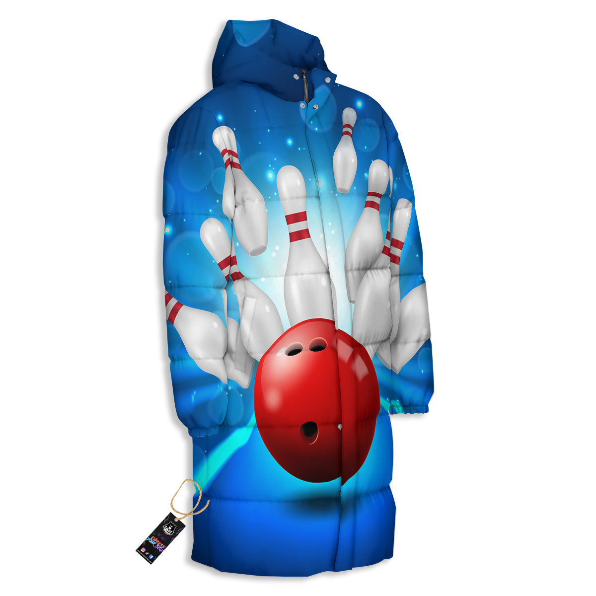 Bowling Strike Print Long Down Jacket-grizzshop