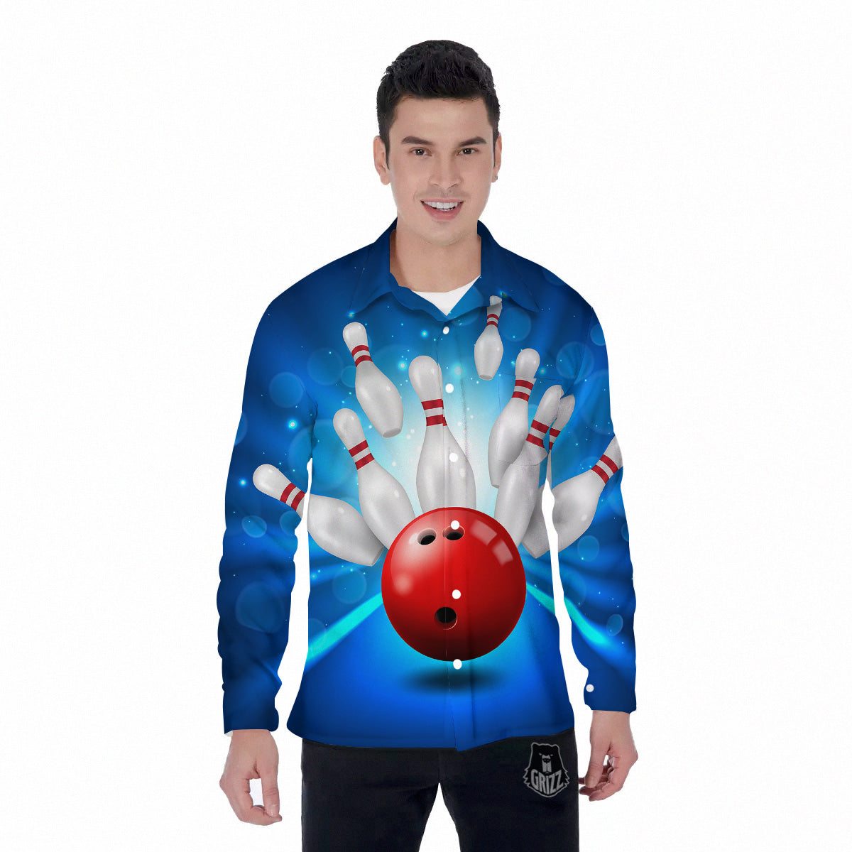 Bowling Strike Print Men's Long Sleeve Shirts-grizzshop