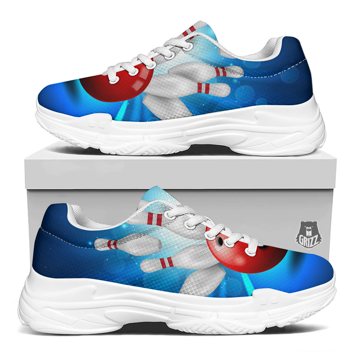 Bowling Strike Print White Chunky Shoes-grizzshop