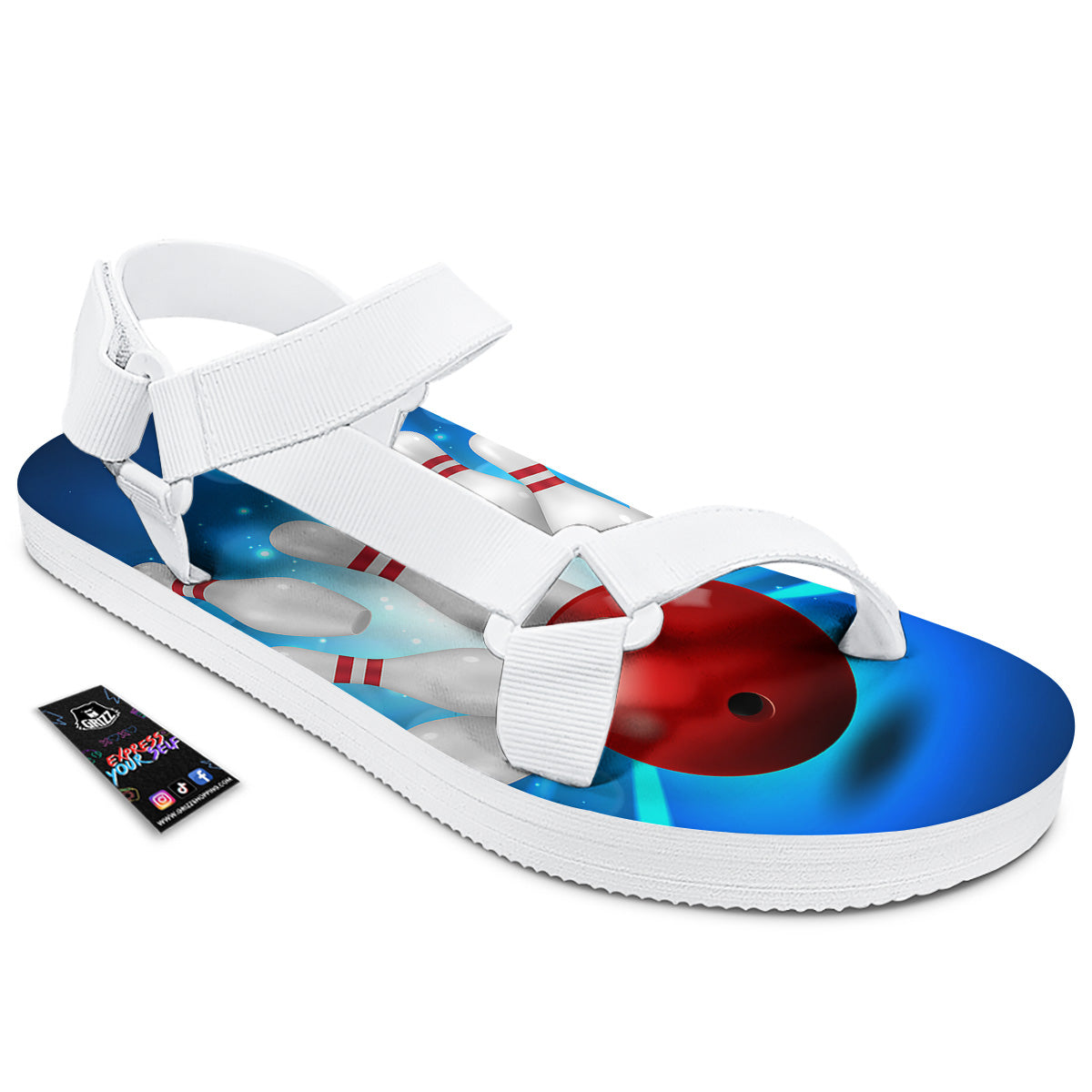 Bowling Strike Print White Open Toe Sandals-grizzshop