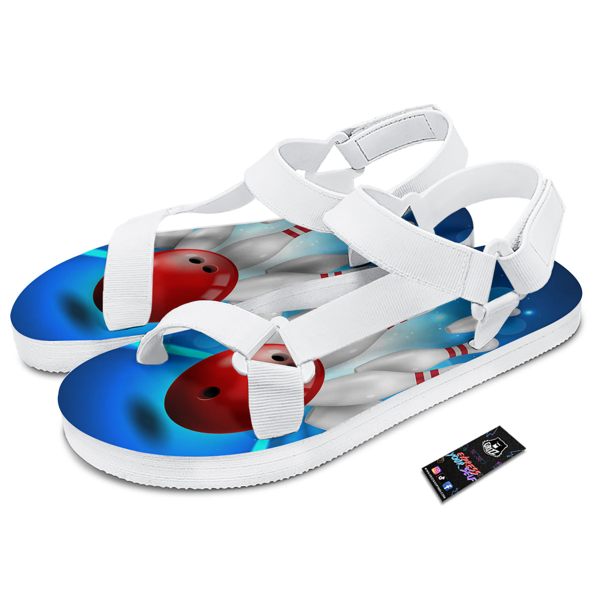 Bowling Strike Print White Open Toe Sandals-grizzshop