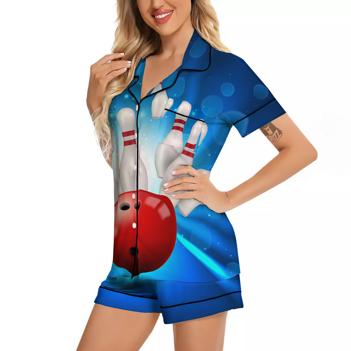 Bowling Strike Print Women Silk Pajamas-grizzshop