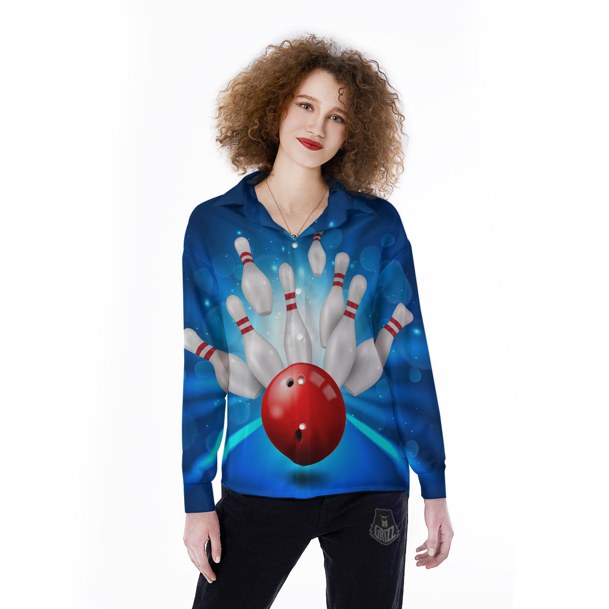 Bowling Strike Print Women's Long Sleeve Shirts-grizzshop