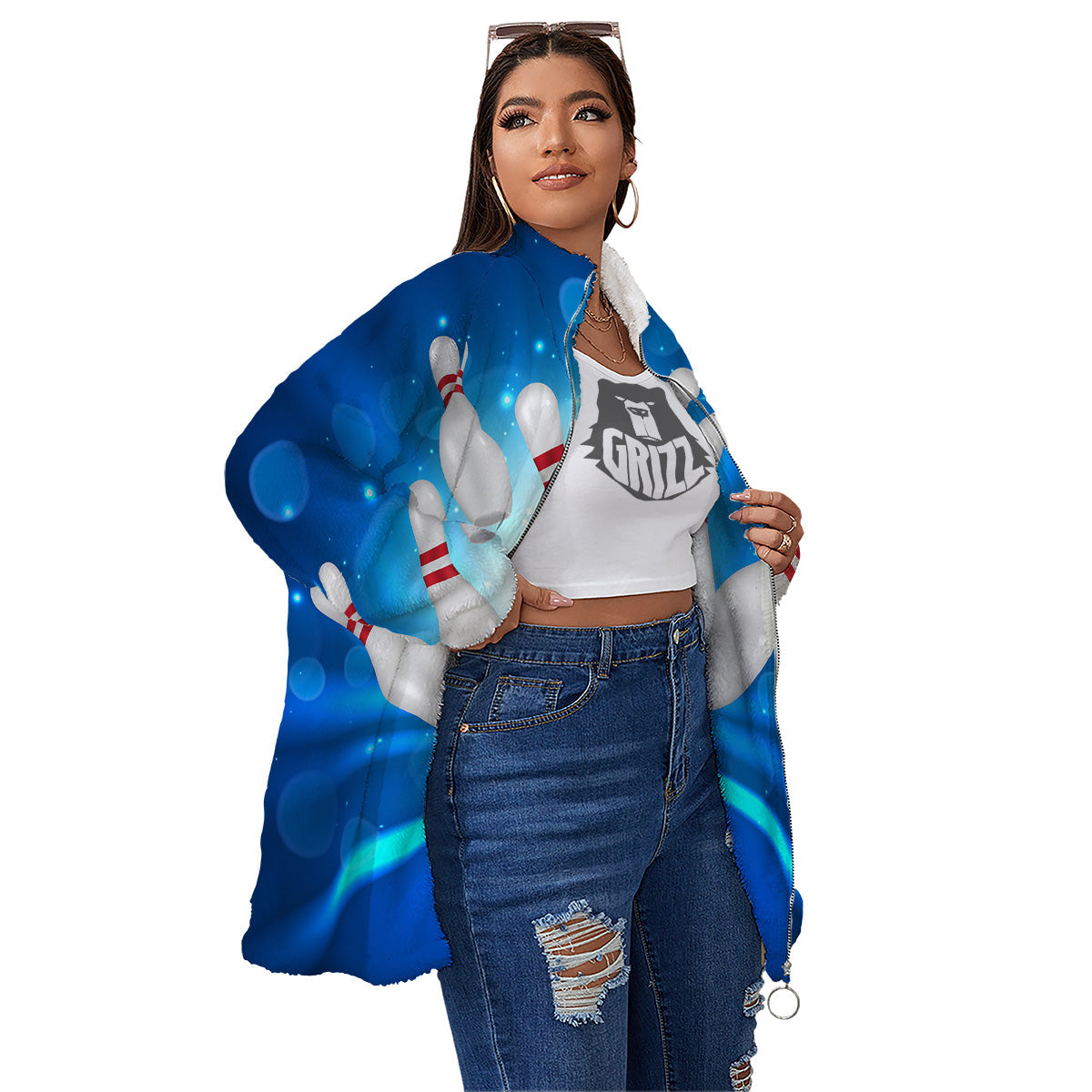 Bowling Strike Print Women's Sherpa Jacket-grizzshop