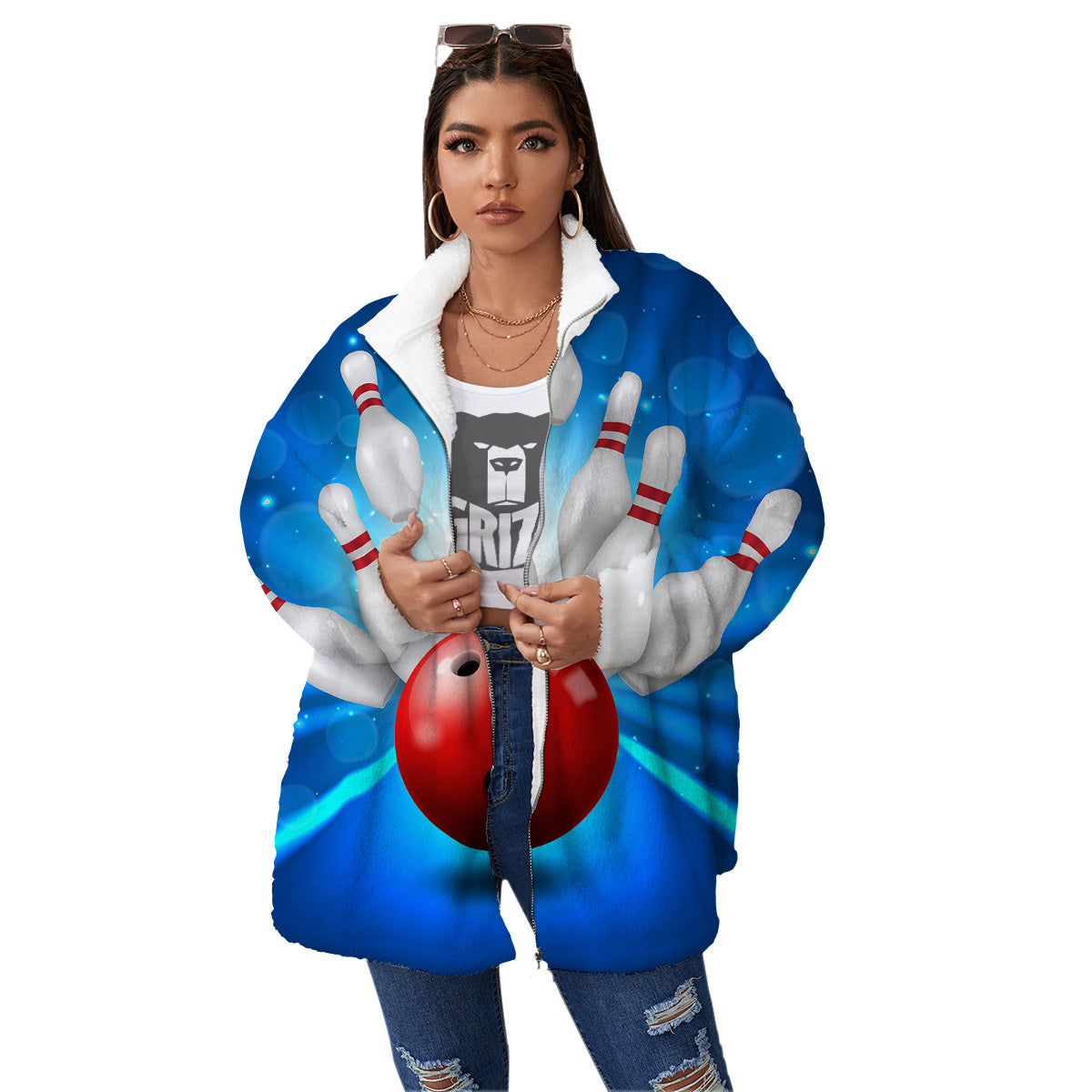 Bowling Strike Print Women's Sherpa Jacket-grizzshop
