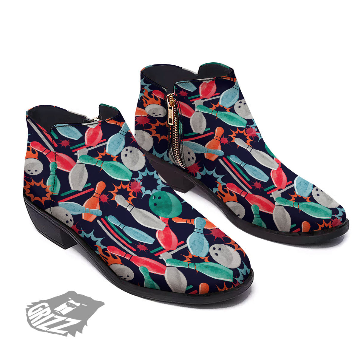Bowling Theme Watercolor Print Pattern Ankle Boots-grizzshop