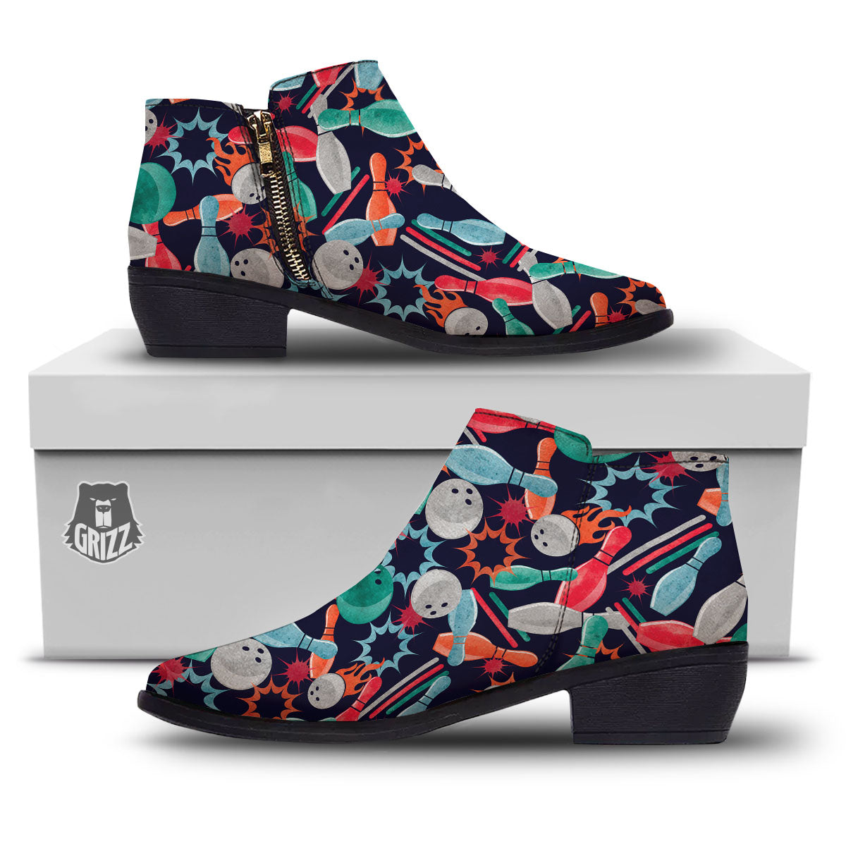 Bowling Theme Watercolor Print Pattern Ankle Boots-grizzshop