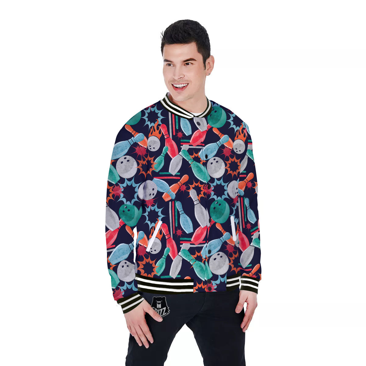 Bowling Theme Watercolor Print Pattern Baseball Jacket-grizzshop