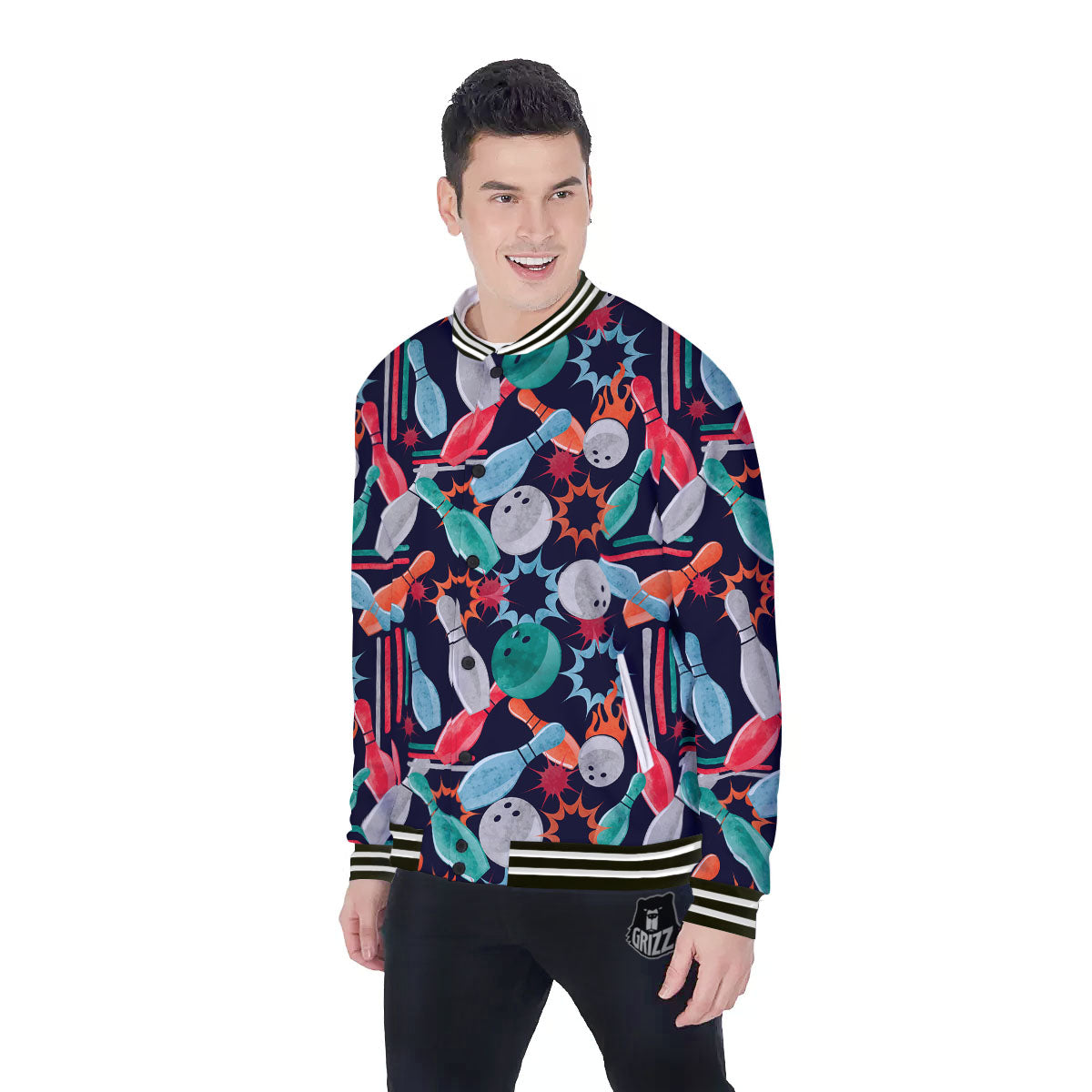 Bowling Theme Watercolor Print Pattern Baseball Jacket-grizzshop