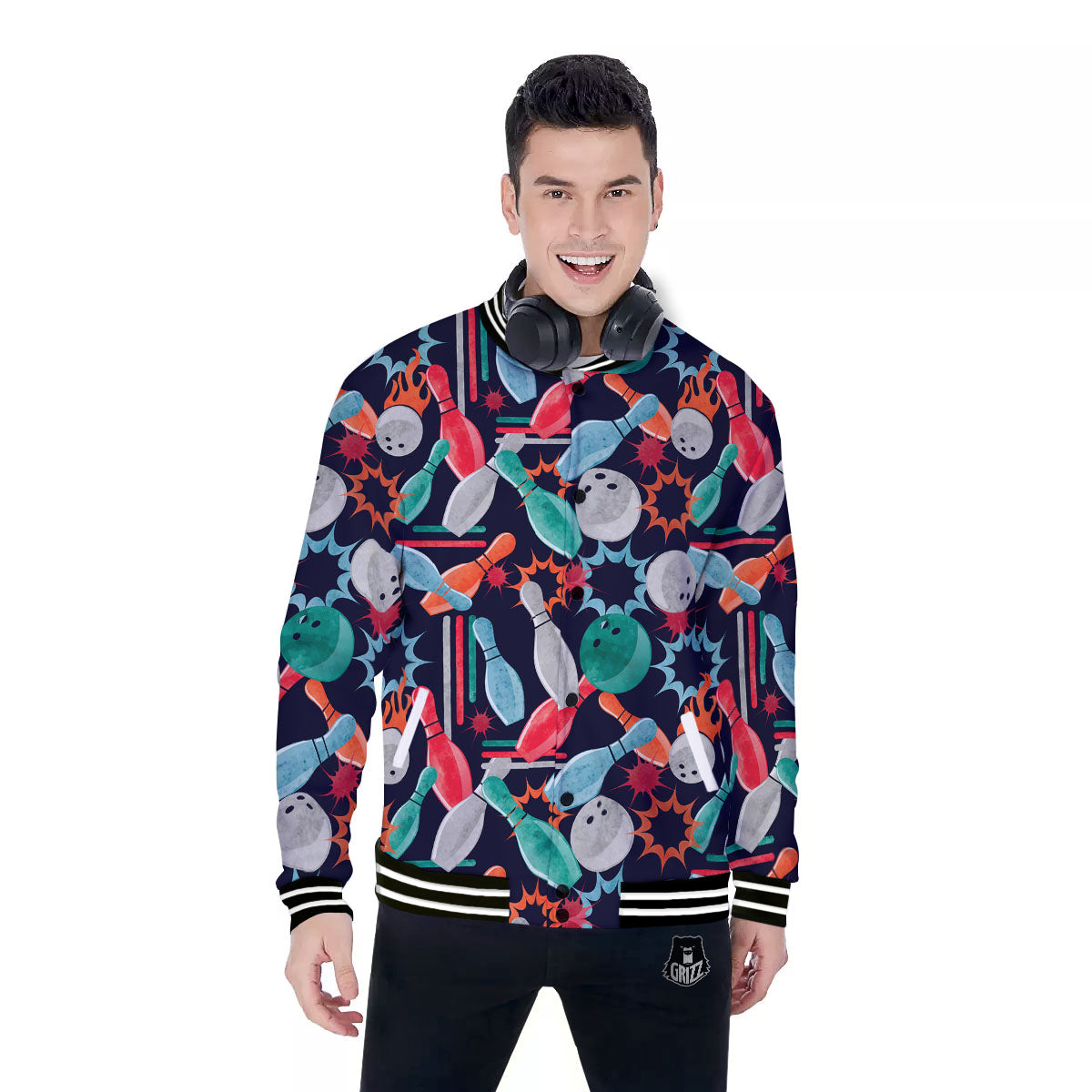 Bowling Theme Watercolor Print Pattern Baseball Jacket-grizzshop