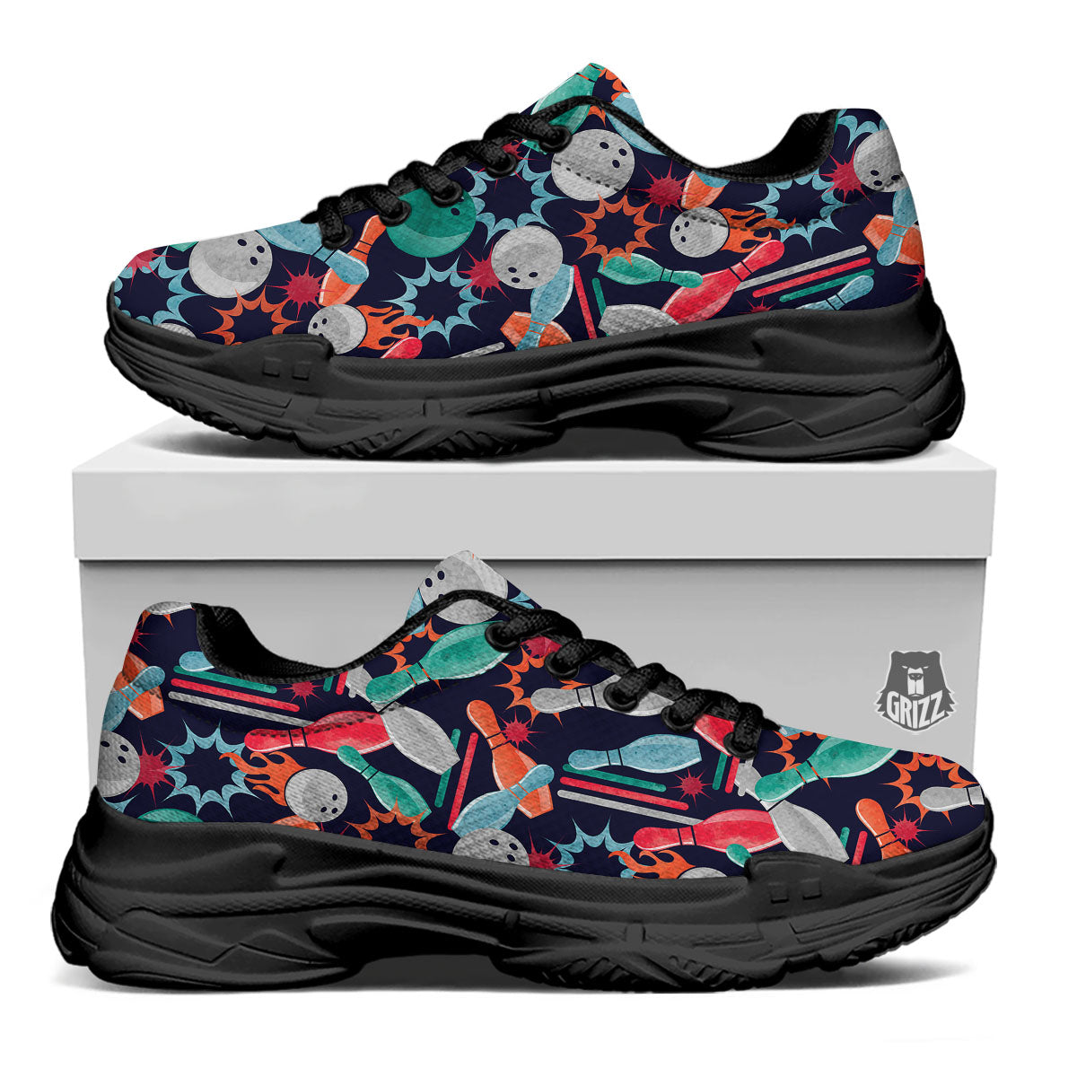 Bowling Theme Watercolor Print Pattern Black Chunky Shoes-grizzshop