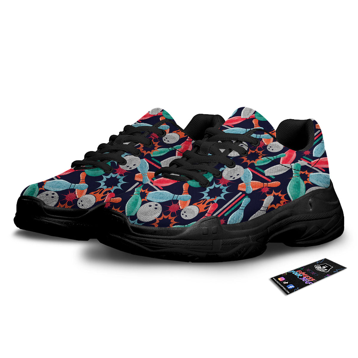 Bowling Theme Watercolor Print Pattern Black Chunky Shoes-grizzshop