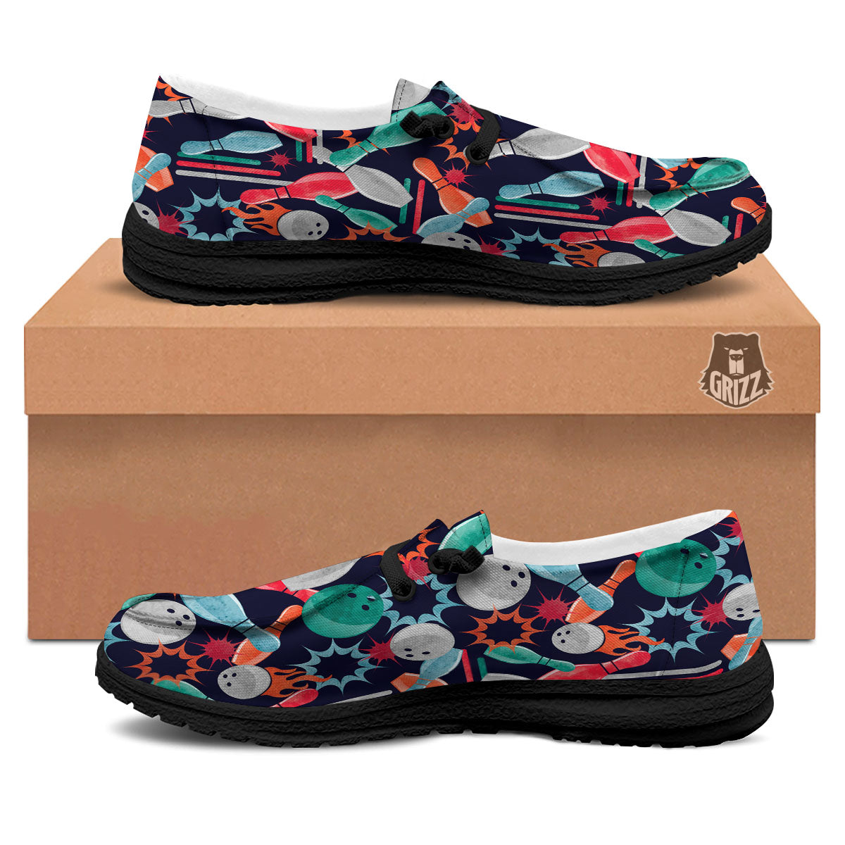Bowling Theme Watercolor Print Pattern Black Loafers-grizzshop
