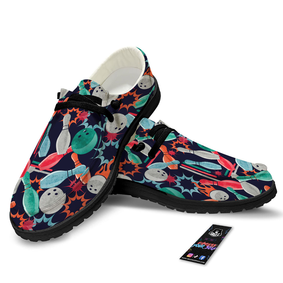 Bowling Theme Watercolor Print Pattern Black Loafers-grizzshop