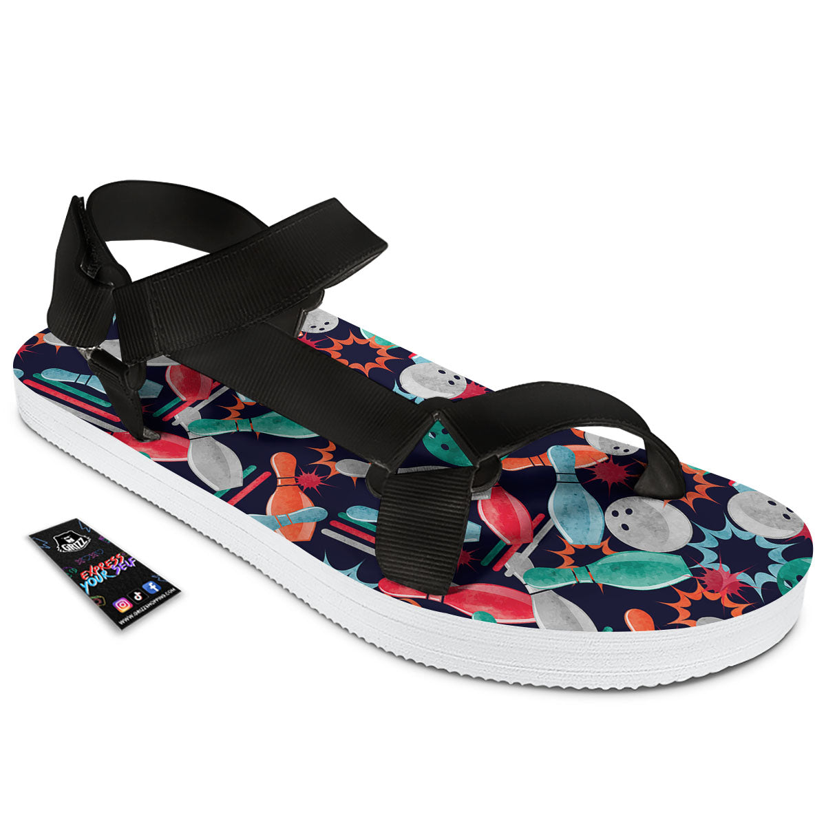 Bowling Theme Watercolor Print Pattern Black Open Toe Sandals-grizzshop
