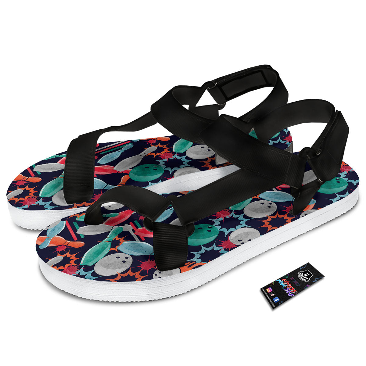 Bowling Theme Watercolor Print Pattern Black Open Toe Sandals-grizzshop